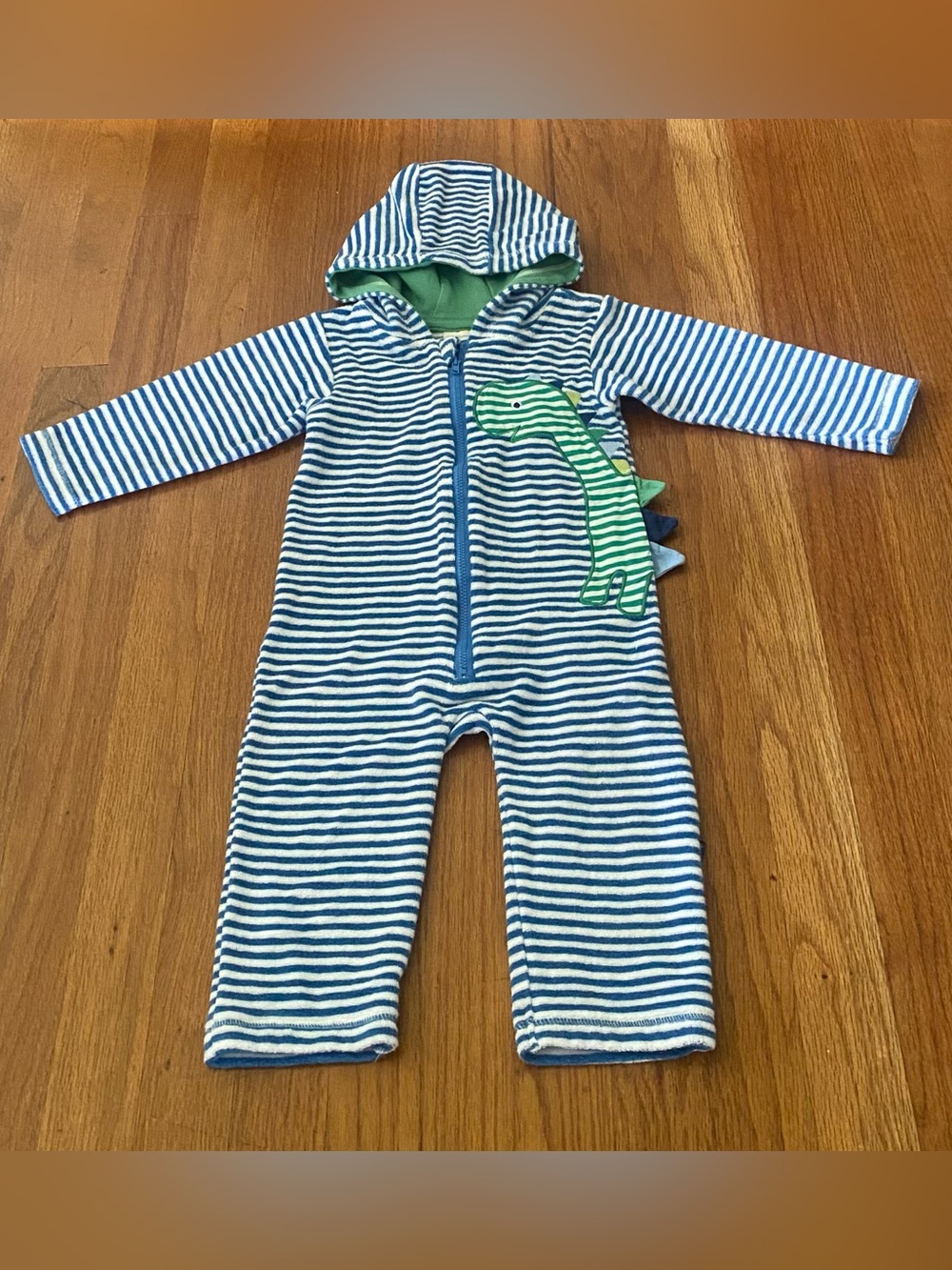 JoJo Maman Bebe Striped Dino Applique hooded Romper with Green Accents